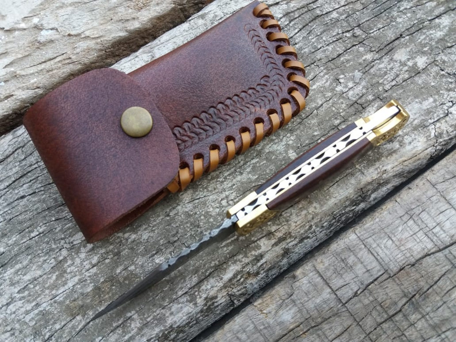 Damascus Steel Lock Back Folding Pocket Knife Pure Brass Engraved