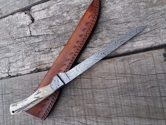 11 Inches Damascus Steel Fishing Fillet Knife Stag Antler Handle Damascus  Steel Bolsters. Cowhide Leather Sheath. Strong 