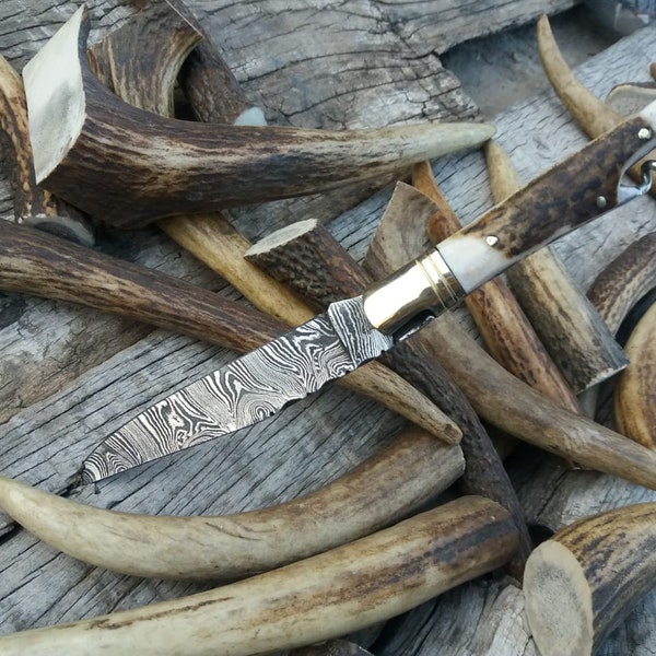 Damascus Laguiole pocket knife EDC Stag antler handle