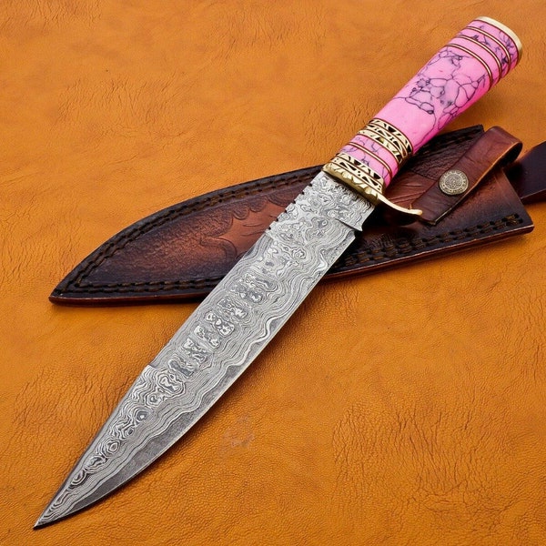 Beautiful Handmade Damascus Steel Hunting Bowie Knife with Pink stone & Brass Handle