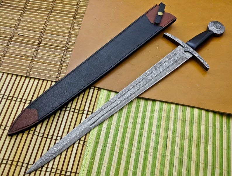 38 inches Damascus steel handmade vikings sword battle ready Damascus steel guard and pommel Rose wood handle.