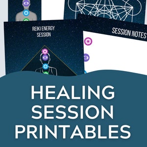 May include: Printable healing session worksheets with a dark blue background. The worksheets feature a white silhouette of a person with seven chakras, a geometric pattern, and a section for session notes. The text "REIKI ENERGY SESSION" and "SESSION NOTES" are also included.