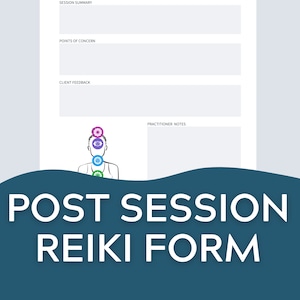 Puede incluir: Un formulario de Reiki Post-Sesión blanco con encabezado y pie de página de color azul oscuro. El formulario incluye secciones para información del cliente, detalles de la sesión, resumen de la sesión, puntos de preocupación, comentarios del cliente y notas del profesional.