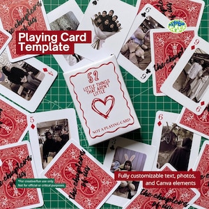 May include: A deck of playing cards with a white box that reads "52 Little Things That Aren't Little" and a red heart. The cards feature photos and text, with a red and white design on the back. The text "Playing Card Template" is also visible.