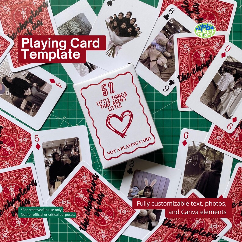 May include: A deck of playing cards with a white box that reads "52 Little Things That Aren't Little" and a red heart. The cards feature photos and text, with a red and white design on the back. The text "Playing Card Template" is also visible.