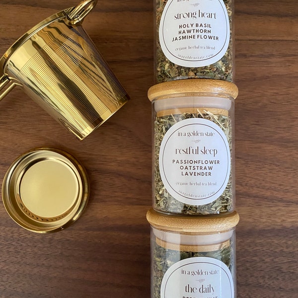 3 ORGANIC TEA blends with Gold INFUSER | Gift idea for tea lovers; Unique organic herbal loose leaf tea blends in glass jars; Trio of Teas