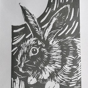 Florence. Rabbit linoprint, rabbit linocut print, monochromatic print.
