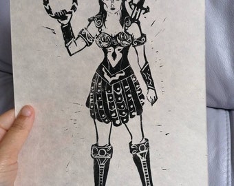 Xena Warrior Princess handcarved linocut print monochrome black ink on A4 130gsm white card