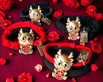 NEW Bows Bows Lunar Chinese New Year 2024 Year of Dragon Red Black Gold Hair Tie Hair scrunchies Girl Woman Holiday Party Hair Elastic Rope