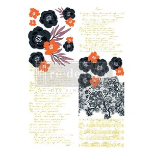 May include: A digital paper with a black and white lace pattern, black and orange floral designs, and handwritten text in gold. The text includes the words "DIY Simple" and a French poem.