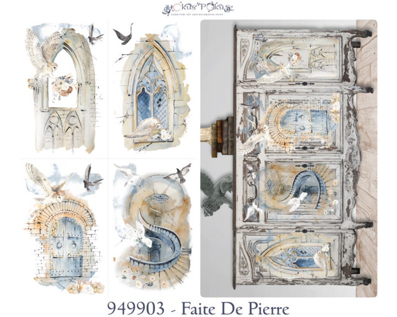 May include: A vintage-style cabinet with a distressed white paint finish. The cabinet is decorated with a whimsical watercolor design featuring owls, arches, and a spiral staircase. The design is in shades of blue, gray, and brown. The cabinet has three doors and is labeled "949903 - Faite De Pierre".