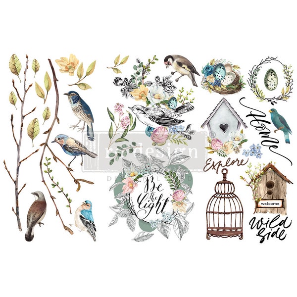 Garden Marvels | Rub On No Water Transfer | ReDesign with Prima | Small Decor Transfers for Furniture | Birds