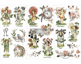 May include: A set of vintage-style floral and botanical transfer sheets. The sheets feature illustrations of children, flowers, butterflies, keys, and a pocket watch. The color palette includes greens, pinks, and browns, with text labels for each design.