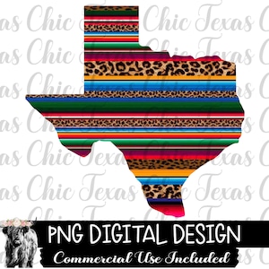 Könnte beinhalten: Ein digitales Design mit einer bunten, gestreiften Umrandung des Bundesstaates Texas. Die Streifen sind in einem traditionellen mexikanischen Serape-Muster mit einem Leopardenmuster. Der Text "PNG DIGITAL DESIGN" und "Commercial Use Included" befindet sich am unteren Rand des Bildes.