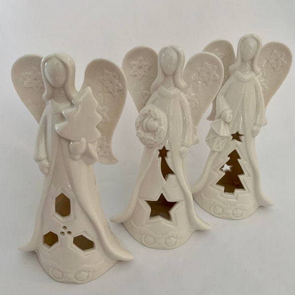 ANGELS White Ceramic 3 Piece Vintage Christmas Angels Christmas Tree Star Mistletoe Skirt with Wreath Lantern Christmas Tree 3 Angel Figures