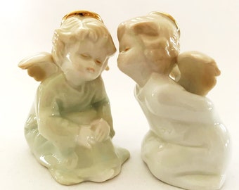 Vintage Porcelain ANGELS Sitting Angel in light green dress and Kneeling Angel in pale blue dress gold finish halo