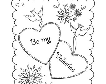 Be My Valentine Coloring Page, Flowers and Birds, Valentine's Day coloring sheet, Kids Adult Coloring, valentines, printable, Love day