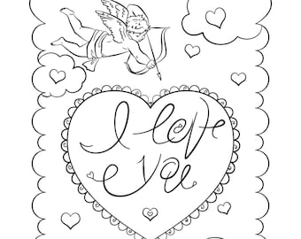 Valentine's Day Coloring Page, I Love You, Fun coloring page, Valentine coloring sheet, Cupid, Adult Coloring, valentines, printable, hearts