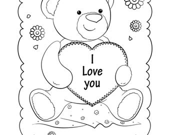 Valentine's Day Coloring Page, Teddy Bears, Valentine coloring sheet, Kids Coloring, Adult Coloring, valentines, printable, Love day, hugs