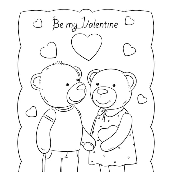 Be My Valentine Coloring Page, Teddy Bears, Valentine's Day coloring sheet, Kids Coloring, Adult Coloring, valentines, printable, Love day