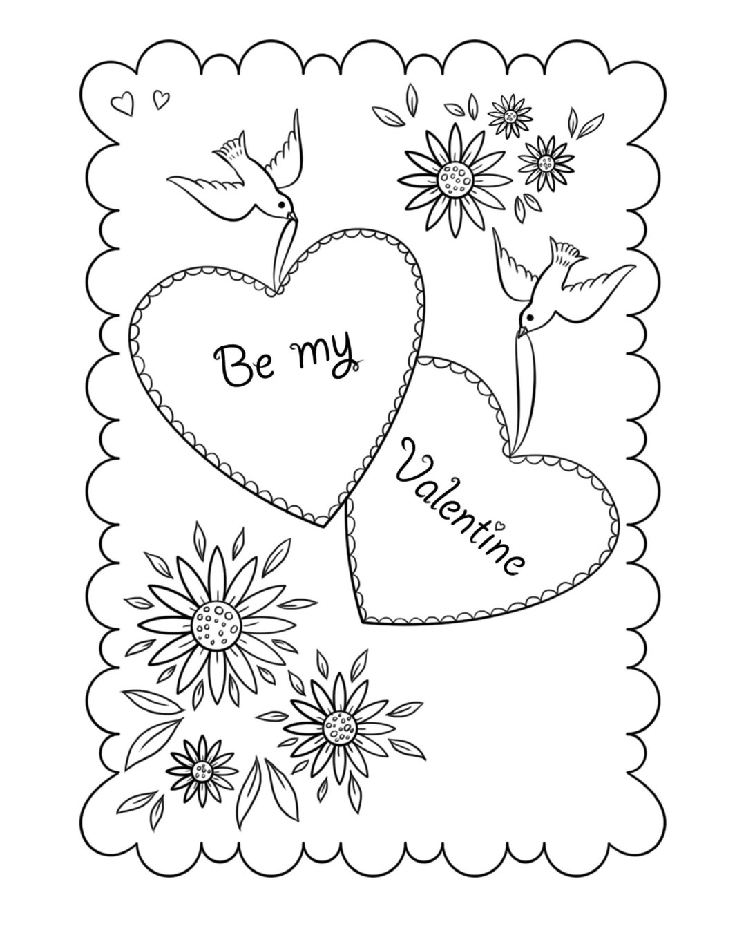 Be My Valentine Coloring Page, Flowers and Birds, Valentine's Day