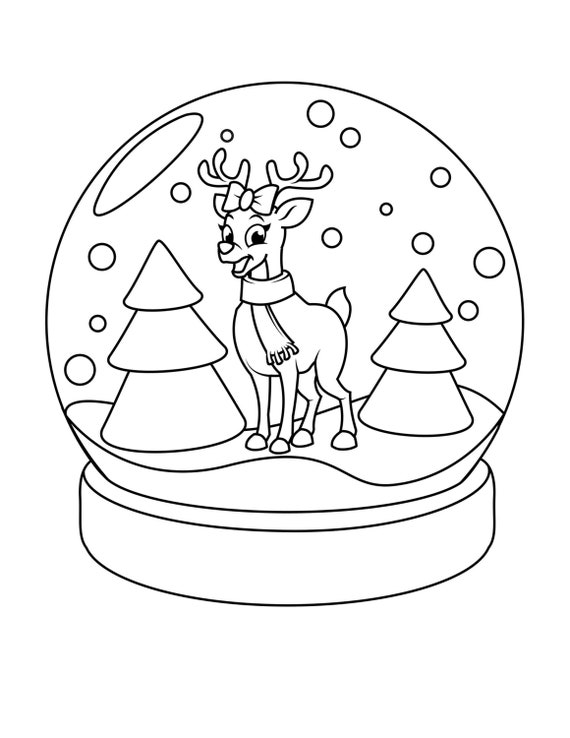 Reindeer Snow Globe Christmas Coloring Page Kids Coloring