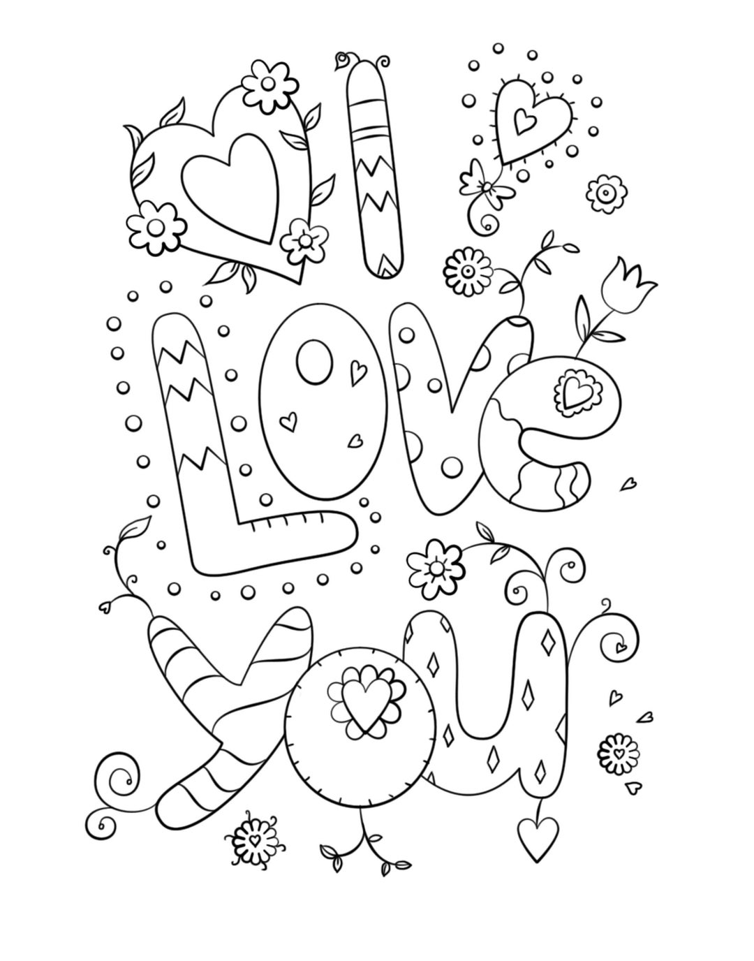 Valentine's Day Coloring Page, I Love You, Fun Coloring Page, Hearts