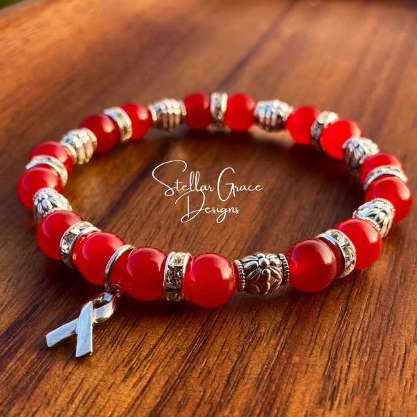 Red Awareness Bracelet| 8mm Carnelian Gemstone Beads 6.75”| Marfan Syndrome, Still’s Disease, HIV, Hemophilia, Cardiomyopathy, Heart Disease