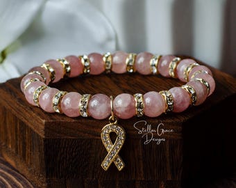 Genuine Mauve Rose Quartz Breast Cancer Awareness Elastic Bracelet| Rare Genuine Mauve Rose Quartz| Gold Preciosa Accents| Mastectomy Gift