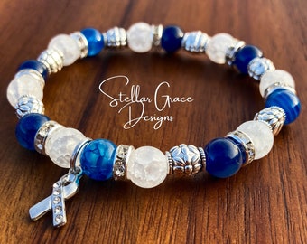 8mm ALS Awareness Bracelet| 8mm Blue Agate & 8mm White Quartz Beads 6.75”| Lou Gehrig’s Disease Support