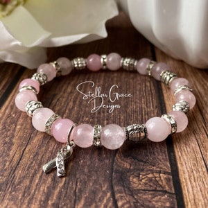 Rose Quartz Breast Cancer Awareness Elastic Bracelet| 8mm Light Pink Ribbon Awareness Jewelry| Breast Cancer Warrior| Mastectomy Gift 6.75”