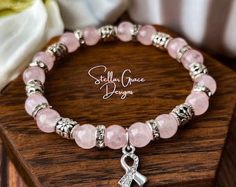 Genuine Rose Quartz Breast Cancer Awareness Bracelet| 8mm Light Pink Elastic Jewelry| Pink Sister Mastectomy Gift