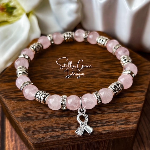 Genuine Rose Quartz Breast Cancer Awareness Bracelet| 8mm Light Pink Elastic Jewelry| Pink Sister Mastectomy Gift