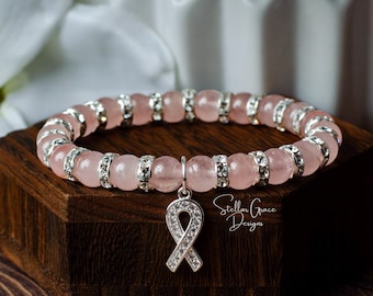 Genuine Rose Quartz Crystal Breast Cancer Awareness Bracelet| Silver Plated Preciosa Crystal Accents| 8mm AAA Natural Beads| Mastectomy Gift
