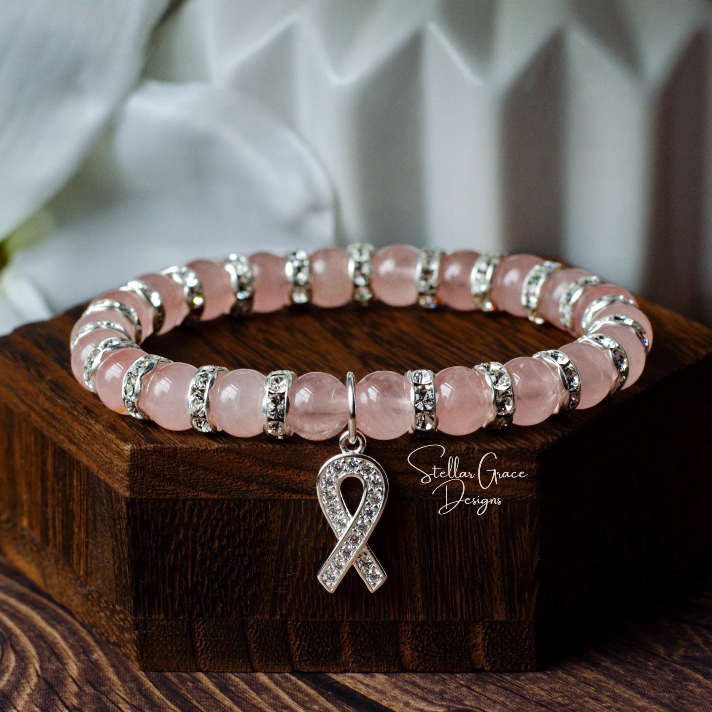 Genuine Rose Quartz Crystal Breast Cancer Awareness Bracelet