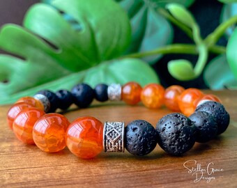 Men’s Leukemia, Multiple Sclerosis, FND, COPD, Orange Awareness Bracelet| Fire Agate & Lava Stone Essential Oil Diffuser Bracelet