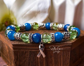 Idiopathic Intracranial Hypertension Awareness Bracelet| IIH Awareness | 8mm Blue Cracker Agate and Green Quartz Beads
