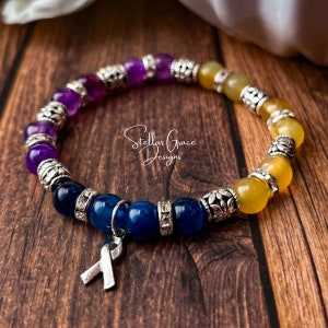 Bladder Cancer Awareness Bracelet| 8mm Blue Agate, Purple Agate, and Yellow Agate Beads 6.75”| TCC Awareness