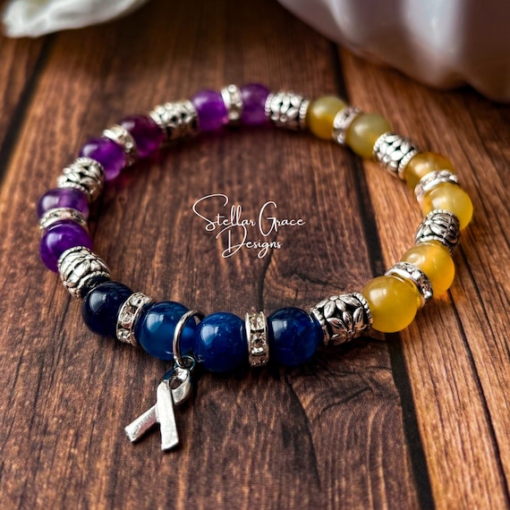 Bladder Cancer Awareness Bracelet| 8mm Blue Agate, Purple Agate, and Yellow Agate Beads 6.75”| TCC Awareness
