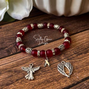 Frosted Burgundy Ribbon Awareness Bracelet| Multiple Myeloma, Sickle Cell Anemia, Meningitis, Cancer| 8mm Beads 6.75”