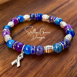 Blue and Purple Agate Awareness Bracelet| 8mm Purple Agate Blue Rhinestone Elastic Bracelet| 8mm Beads