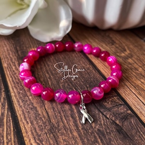 Knock Out Breast Cancer Awareness Elastic Bracelet| 8mm Pink Agate Beads| Metal-Bead-Free| Breast Cancer Warrior| Mastectomy Gift