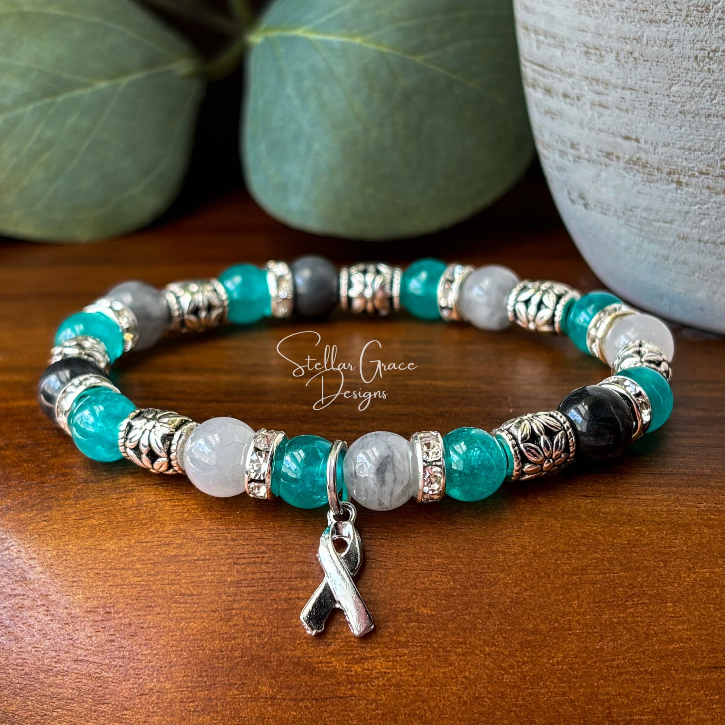 Long Covid Awareness Bracelet| 8mm Teal Agate, Gray Quartz
