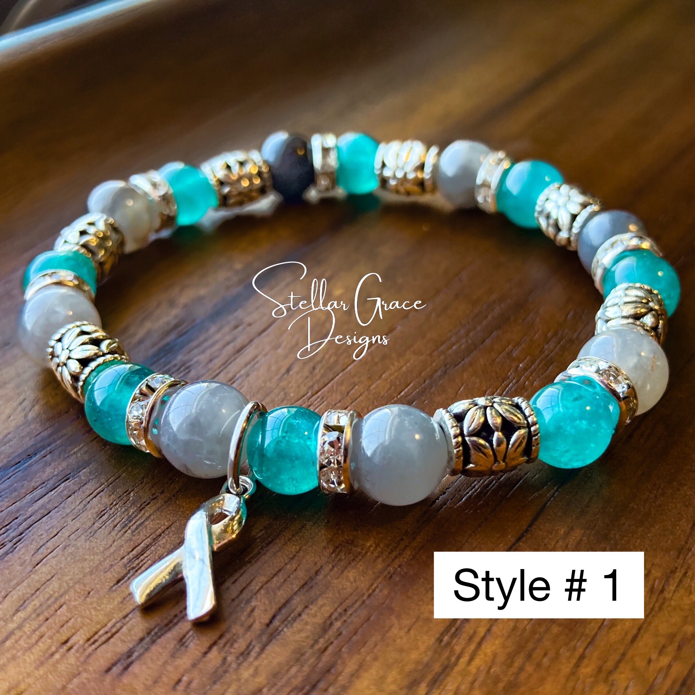 Long Covid Awareness Bracelet| 8mm Teal Agate, Gray Quartz