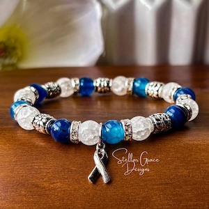 ALS Awareness Bracelet| Lou Gehrig’s Disease Support| Blue Agate & White Quartz or Red Carnelian| 6.75” Elastic Bracelet