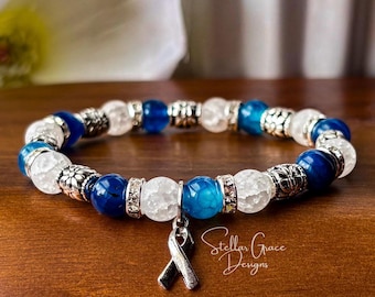 ALS Awareness Bracelet| Lou Gehrig’s Disease Support| Blue Agate & White Quartz or Red Carnelian| 6.75” Elastic Bracelet