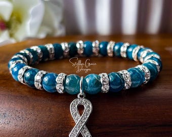 Genuine Blue Gemstone Crystal Awareness Bracelet| 8mm Blue Apatite & Silver Preciosa Crystal | Mesothelioma, Colon, Prostate Cancers, +