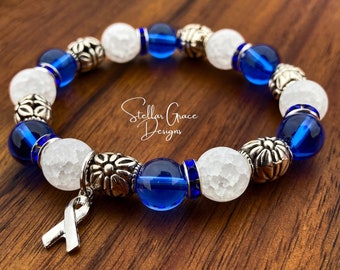 10mm ALS Awareness Bracelet| Blue Glass & White Quartz Beads 6.75”| Blue and White Ribbon Awareness