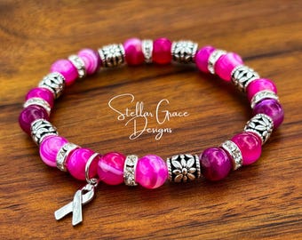 Knock Out Breast Cancer Awareness Elastic Bracelet| 8mm Hot Pink Striped Agate Jewelry| Breast Cancer Warrior| Mastectomy Gift