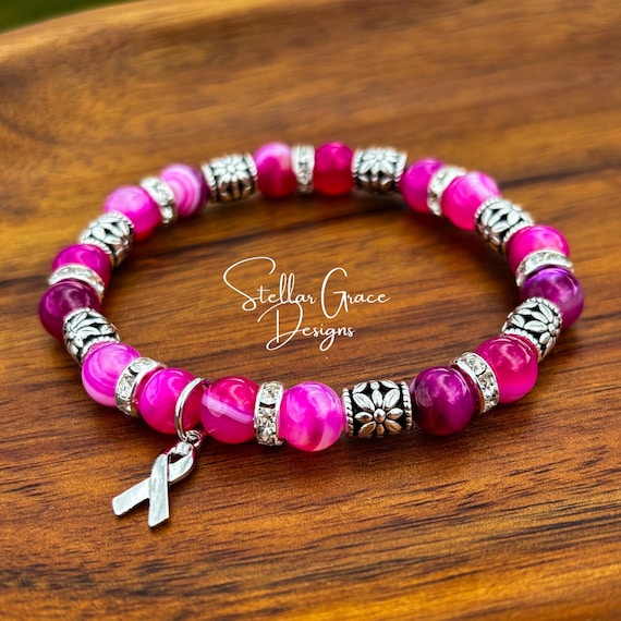 Knock Out Breast Cancer Awareness Bracelet, 8mm Striped Fuschia Hot Pink Beaded Bracelet
